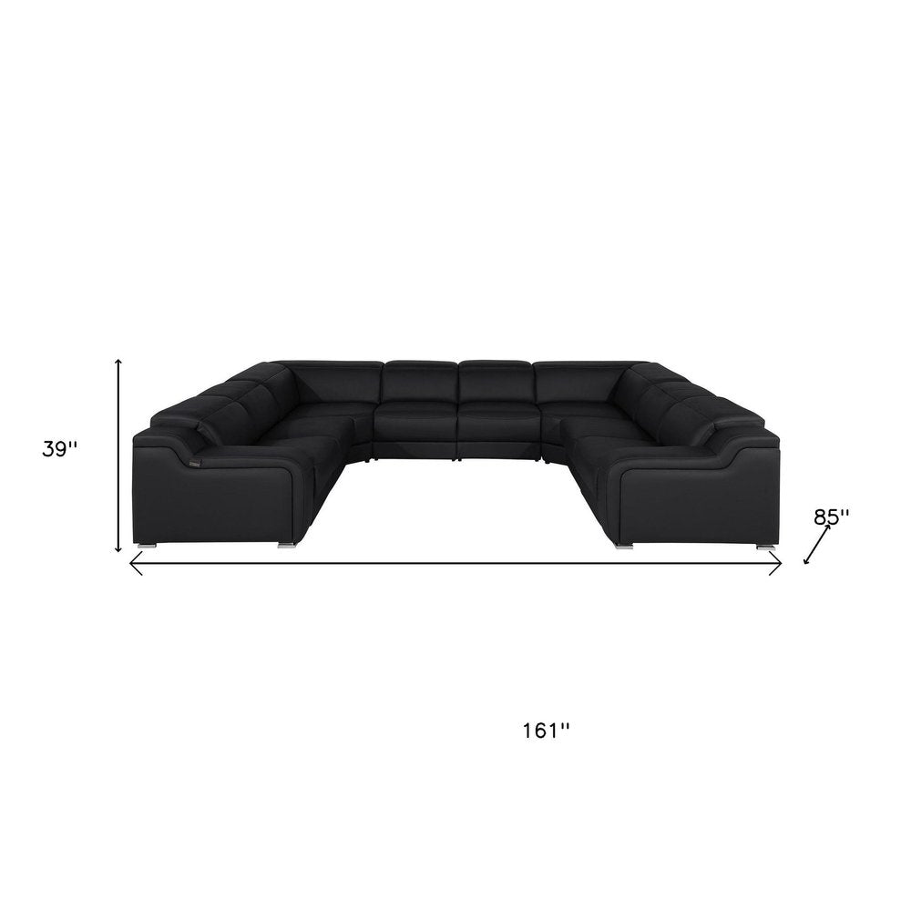 Dark Gray Italian Leather Power Reclining U Shaped Eight Piece Corner Sectional With Console