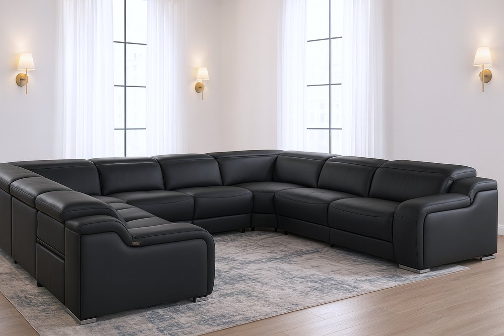 Light Gray Italian Leather Power Reclining U Shaped Eight Piece Corner Sectional With Console