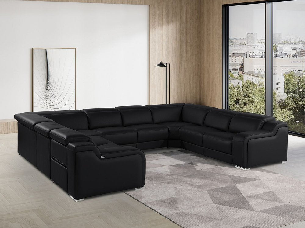Light Gray Italian Leather Power Reclining U Shaped Eight Piece Corner Sectional With Console