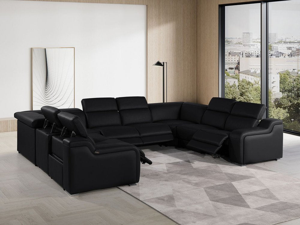Light Gray Italian Leather Power Reclining U Shaped Eight Piece Corner Sectional With Console