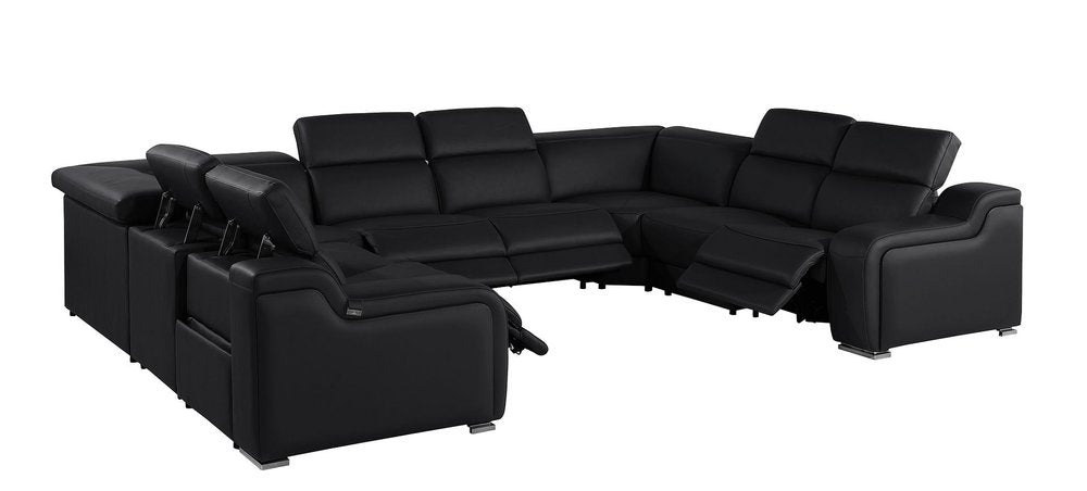 Light Gray Italian Leather Power Reclining U Shaped Eight Piece Corner Sectional With Console