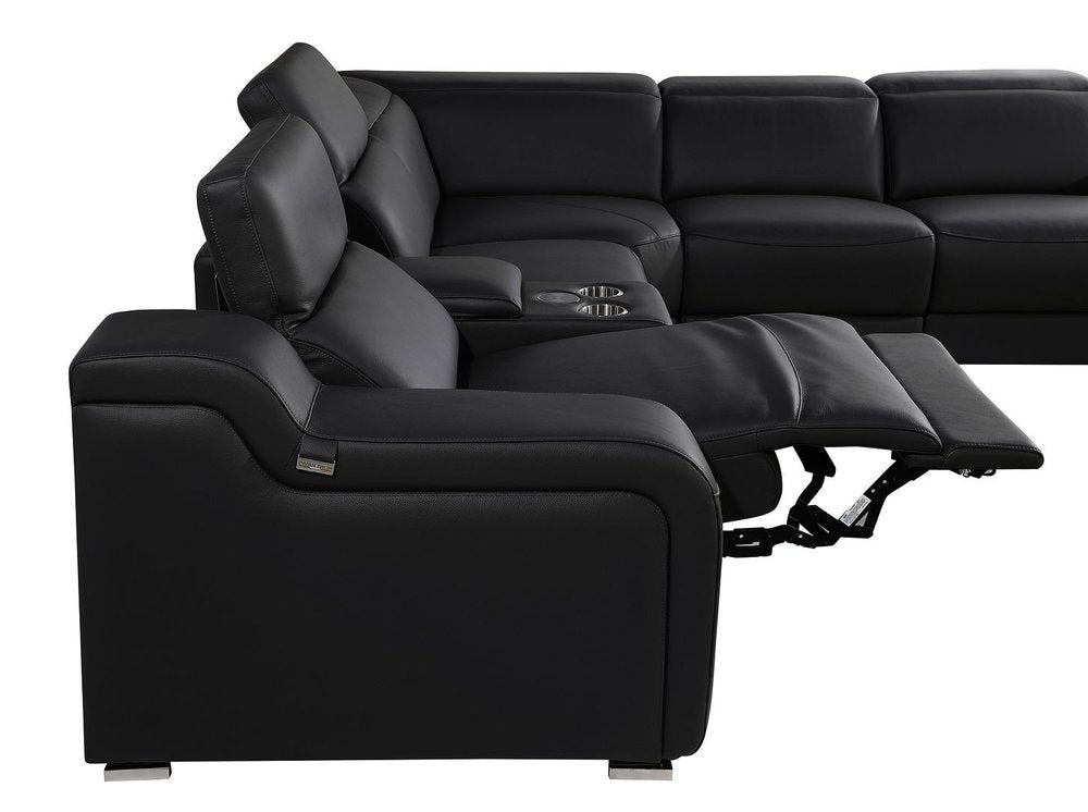 Dark Gray Italian Leather Power Reclining U Shaped Eight Piece Corner Sectional With Console