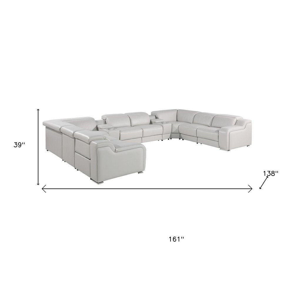 Light Gray Italian Leather Power Reclining U Shaped Ten Piece Corner Sectional With Console