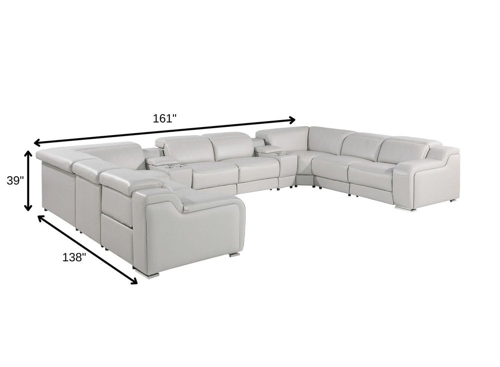 Dark Gray Italian Leather Power Reclining U Shaped Ten Piece Corner Sectional With Console