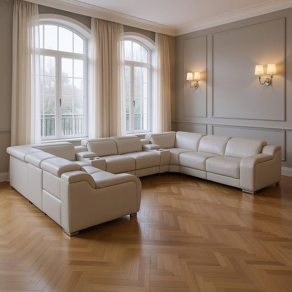 Light Gray Italian Leather Power Reclining U Shaped Ten Piece Corner Sectional With Console