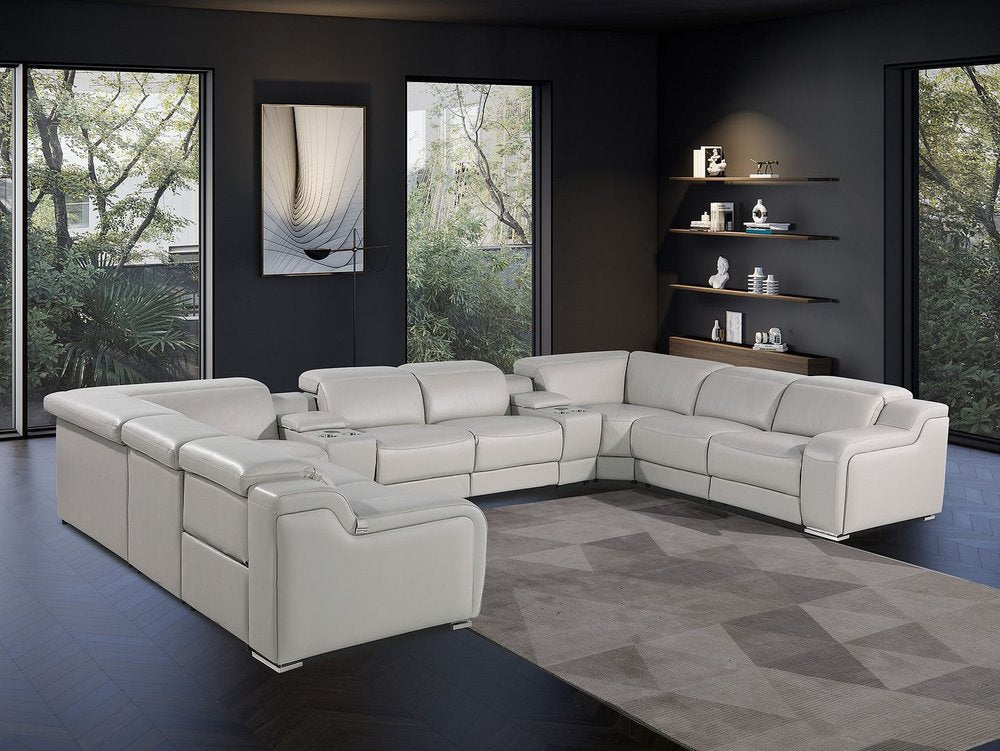 Dark Gray Italian Leather Power Reclining U Shaped Ten Piece Corner Sectional With Console