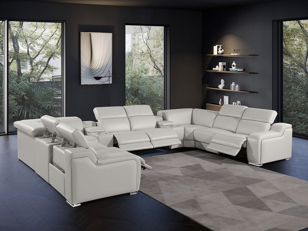 Light Gray Italian Leather Power Reclining U Shaped Ten Piece Corner Sectional With Console