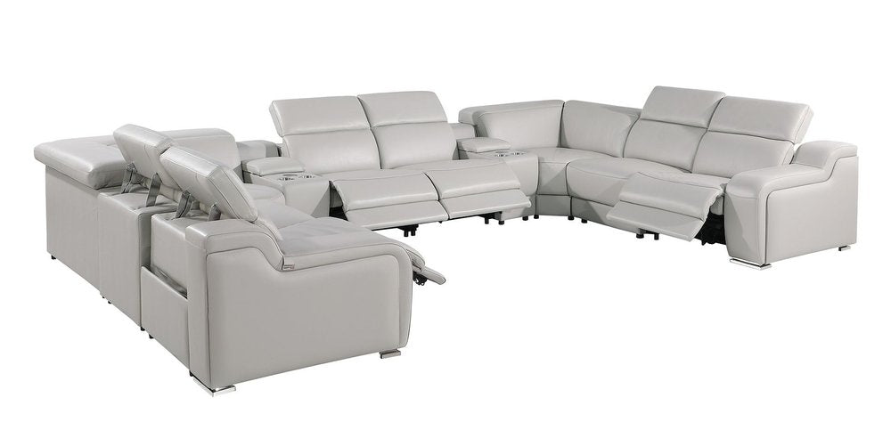 Light Gray Italian Leather Power Reclining U Shaped Ten Piece Corner Sectional With Console