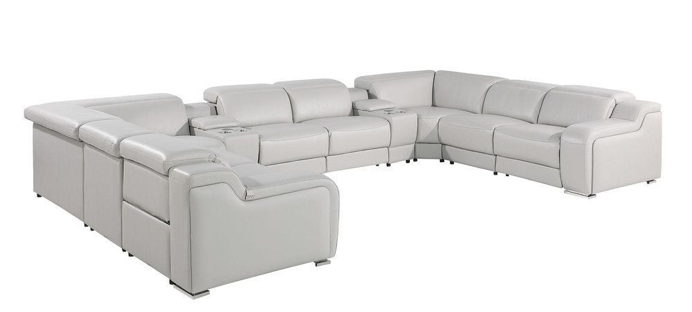 Dark Gray Italian Leather Power Reclining U Shaped Ten Piece Corner Sectional With Console