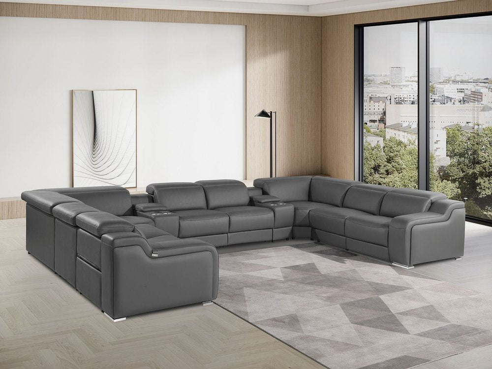 Light Gray Italian Leather Power Reclining U Shaped Ten Piece Corner Sectional With Console
