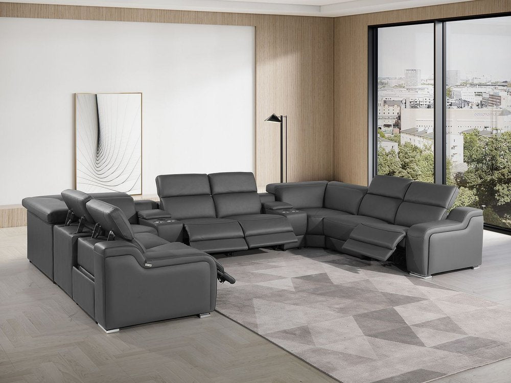 Light Gray Italian Leather Power Reclining U Shaped Ten Piece Corner Sectional With Console