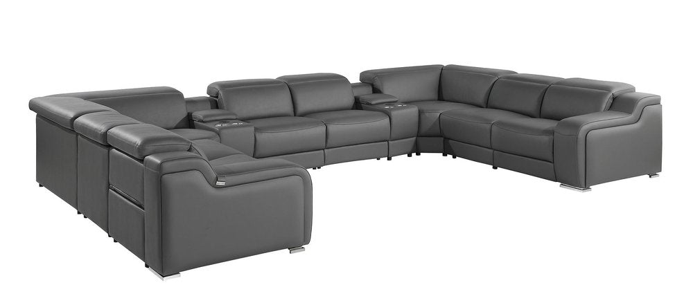 Light Gray Italian Leather Power Reclining U Shaped Ten Piece Corner Sectional With Console