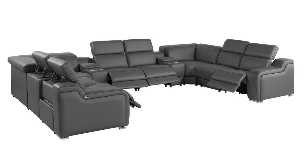 Light Gray Italian Leather Power Reclining U Shaped Ten Piece Corner Sectional With Console