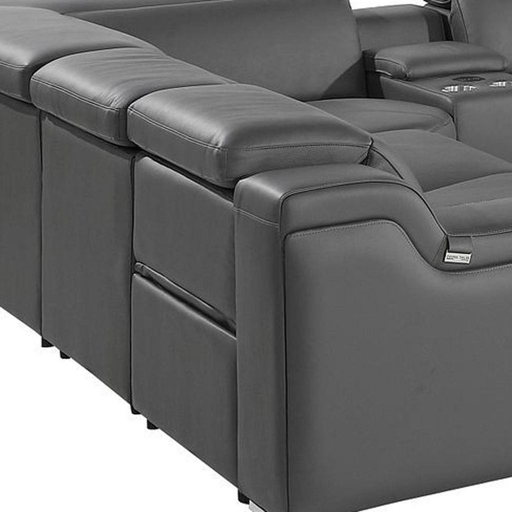 Light Gray Italian Leather Power Reclining U Shaped Ten Piece Corner Sectional With Console