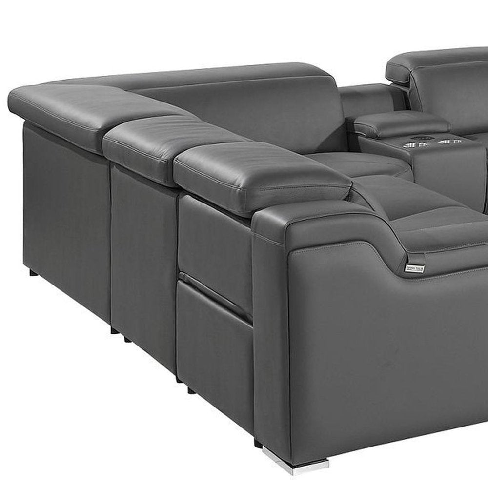 Light Gray Italian Leather Power Reclining U Shaped Ten Piece Corner Sectional With Console