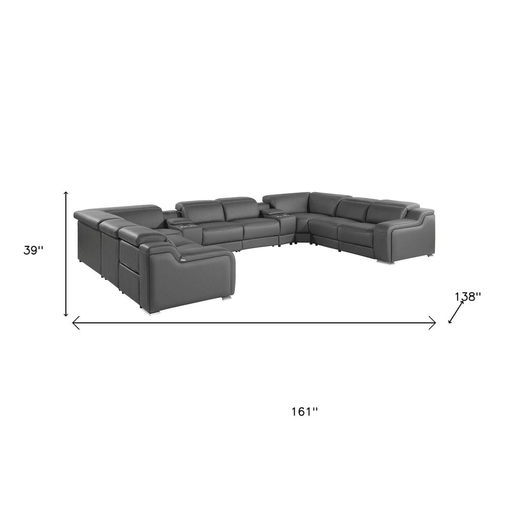 Light Gray Italian Leather Power Reclining U Shaped Ten Piece Corner Sectional With Console