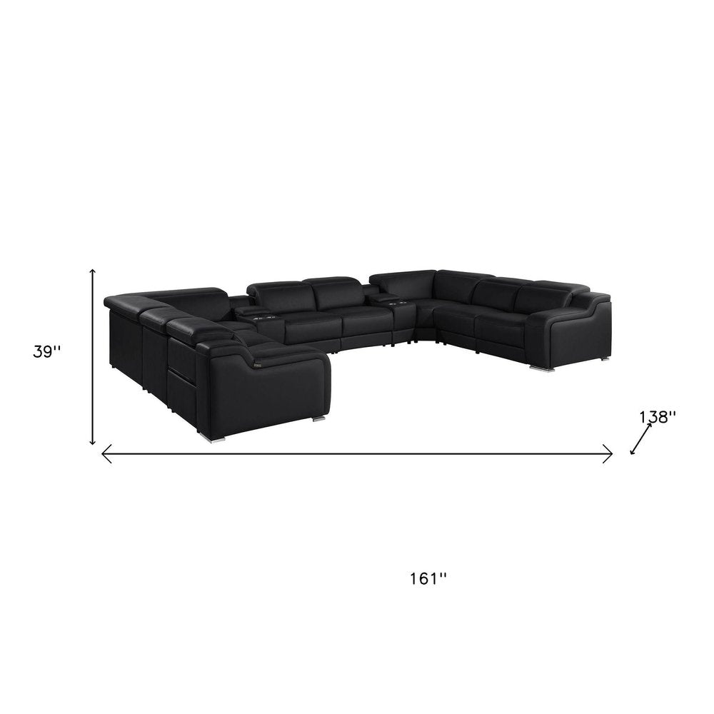 Dark Gray Italian Leather Power Reclining U Shaped Ten Piece Corner Sectional With Console