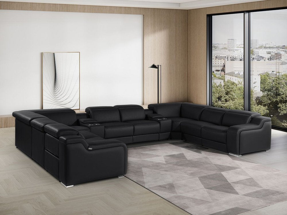 Light Gray Italian Leather Power Reclining U Shaped Ten Piece Corner Sectional With Console