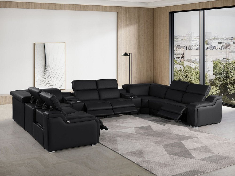 Light Gray Italian Leather Power Reclining U Shaped Ten Piece Corner Sectional With Console
