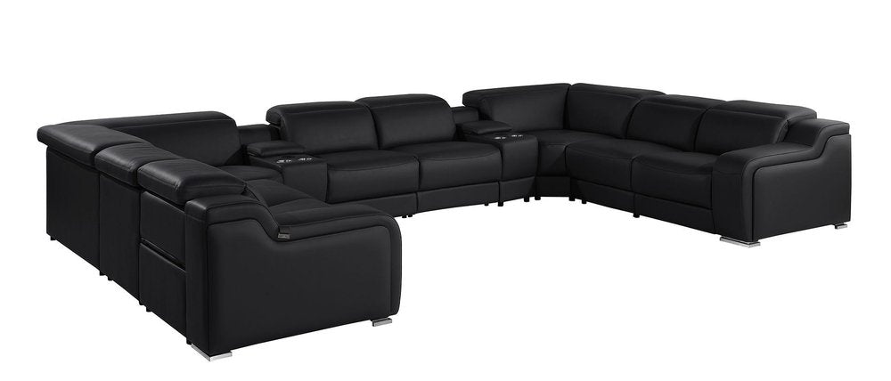 Light Gray Italian Leather Power Reclining U Shaped Ten Piece Corner Sectional With Console