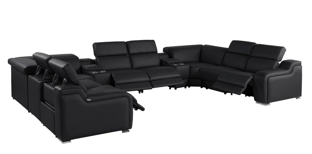 Light Gray Italian Leather Power Reclining U Shaped Ten Piece Corner Sectional With Console