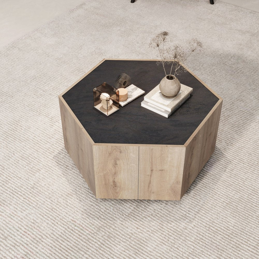 32" Black and Oak Wood Hexagon Coffee Table With Two Drawers