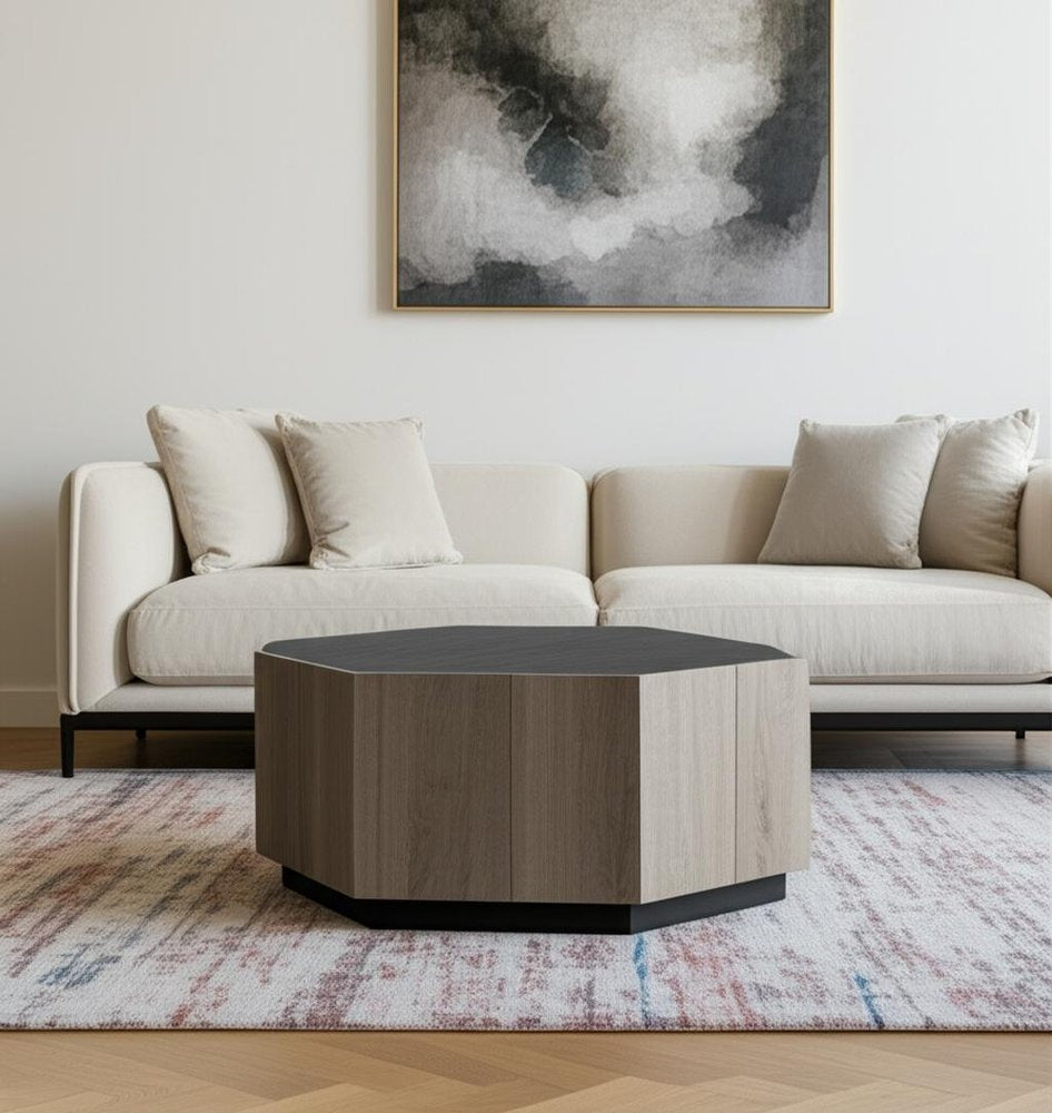 32" Black and Oak Wood Hexagon Coffee Table With Two Drawers