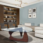 54" Clear and Walnut Glass and Wood Abstract Triangle Coffee Table