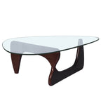 54" Clear and Walnut Glass and Wood Abstract Triangle Coffee Table