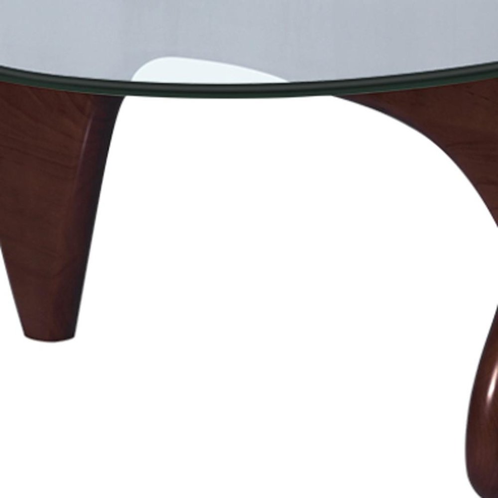 54" Clear and Walnut Glass and Wood Abstract Triangle Coffee Table