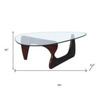 54" Clear and Walnut Glass and Wood Abstract Triangle Coffee Table