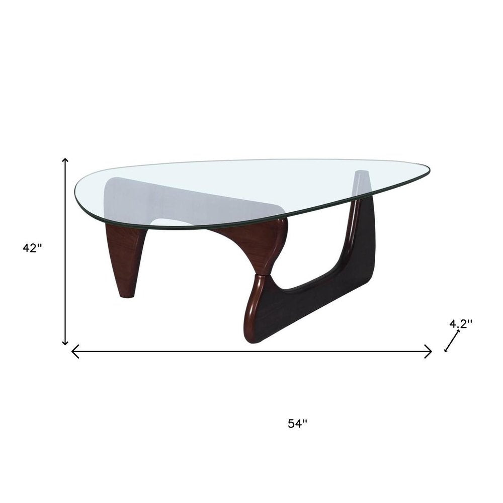 54" Clear and Walnut Glass and Wood Abstract Triangle Coffee Table
