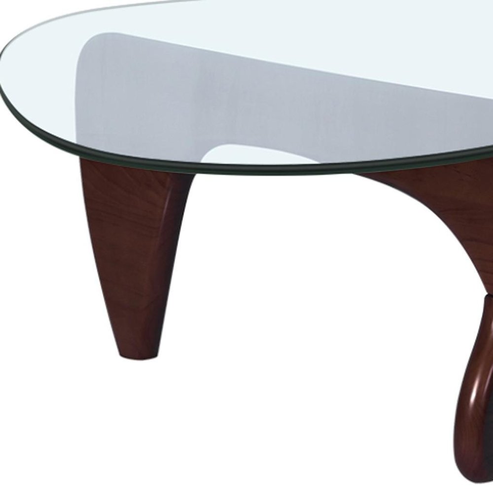 54" Clear and Walnut Glass and Wood Abstract Triangle Coffee Table