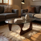 54" Clear and Walnut Glass and Wood Abstract Triangle Coffee Table