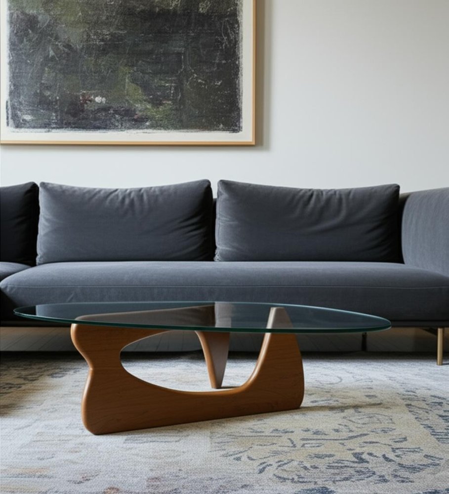 54" Clear and Brown Glass and Wood Triangle Abstract Coffee Table