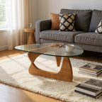 54" Clear and Brown Glass and Wood Triangle Abstract Coffee Table