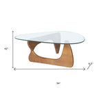 54" Clear and Brown Glass and Wood Triangle Abstract Coffee Table
