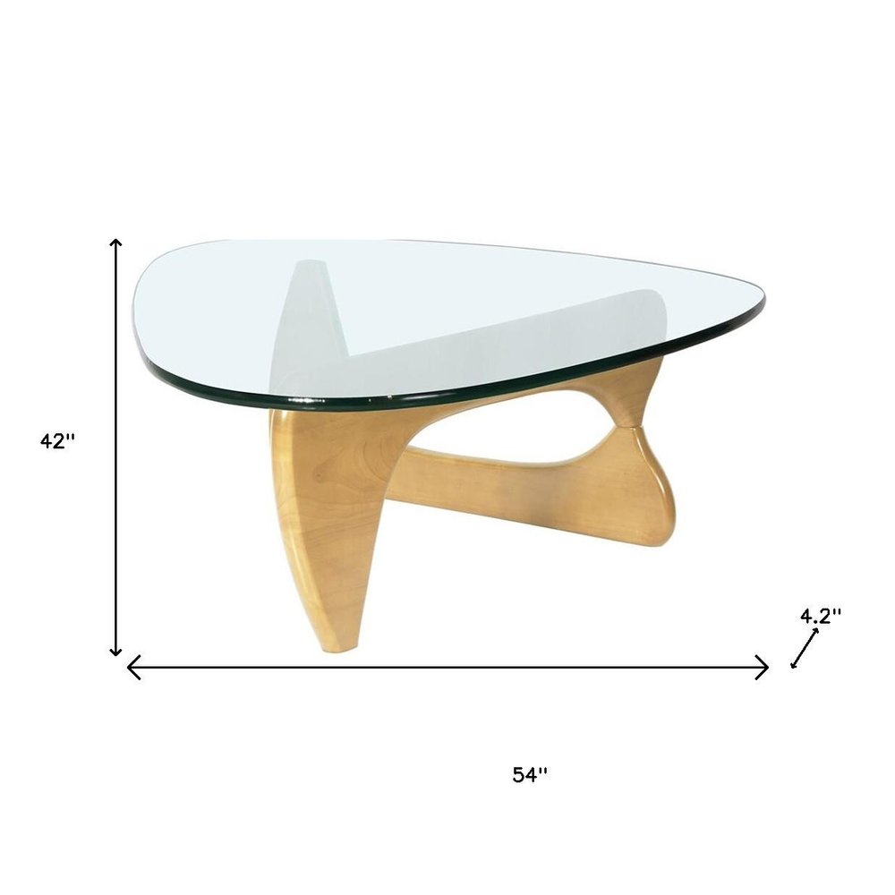 54" Clear and Natural Glass and Wood Triangle Abstract Coffee Table