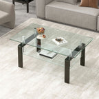 39" Clear and Black Glass and Steel Coffee Table With Shelf