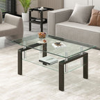 39" Clear and Black Glass and Steel Coffee Table With Shelf
