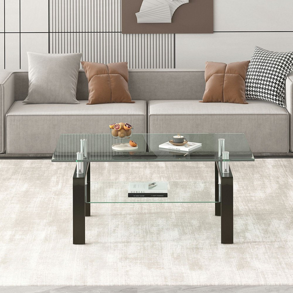 39" Clear and Black Glass and Steel Coffee Table With Shelf