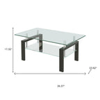 39" Clear and Black Glass and Steel Coffee Table With Shelf