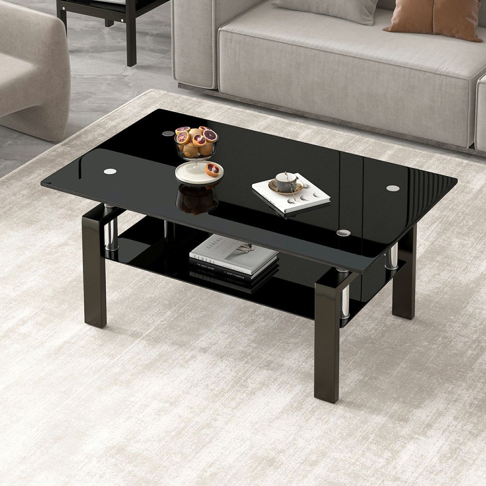39" Black Glass and Steel Coffee Table With Shelf