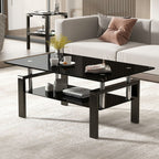 39" Black Glass and Steel Coffee Table With Shelf