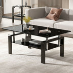 39" Black Glass and Steel Coffee Table With Shelf