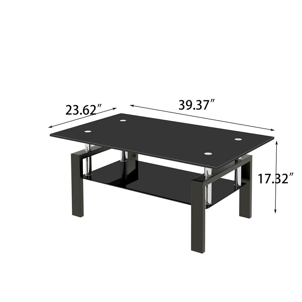 39" Black Glass and Steel Coffee Table With Shelf
