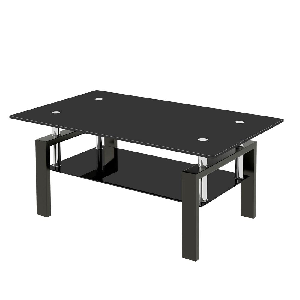 39" Black Glass and Steel Coffee Table With Shelf