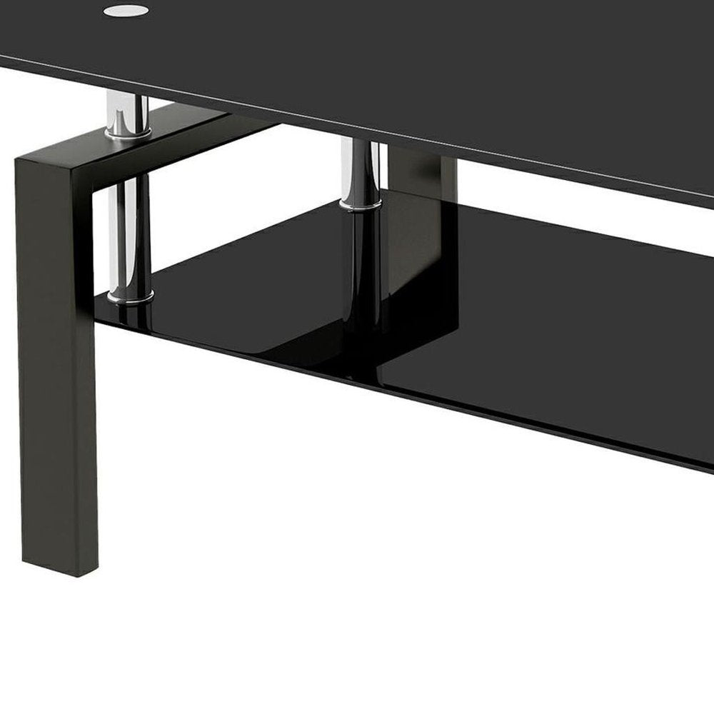 39" Black Glass and Steel Coffee Table With Shelf