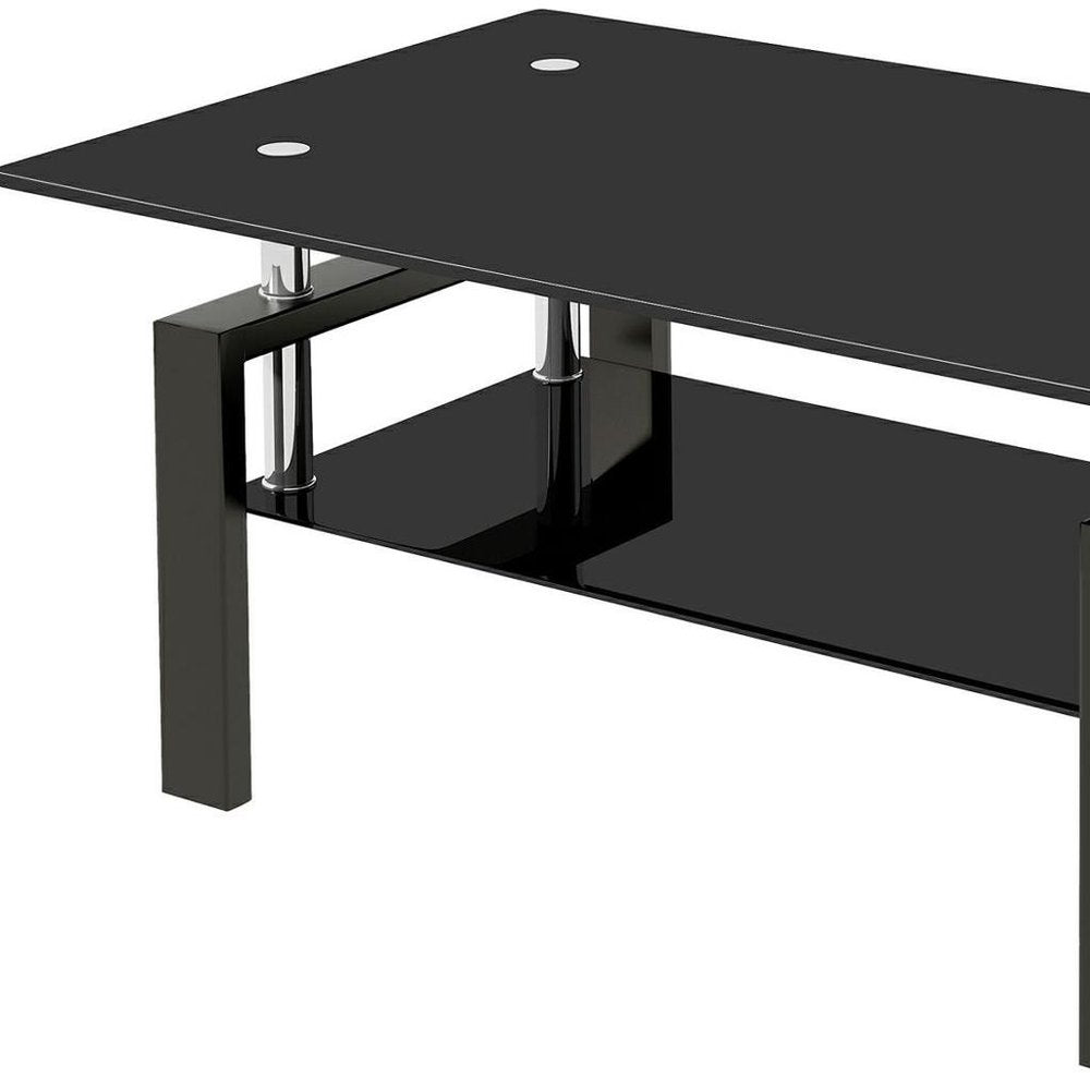 39" Black Glass and Steel Coffee Table With Shelf