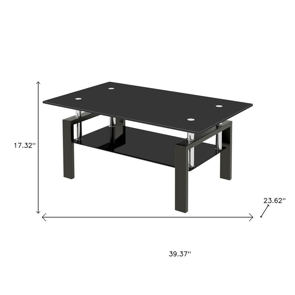 39" Black Glass and Steel Coffee Table With Shelf